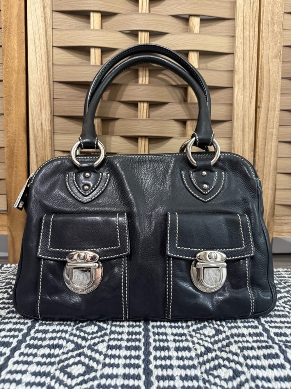 MARC JACOBS Vintage Top Handle Black Leather Shoulder Bag with Silver Hardware